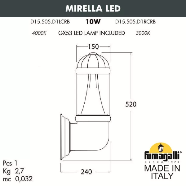 Настенный светильник уличный светодиодный Fumagalli Sauro D15.505.000.LXD1L - фото схема