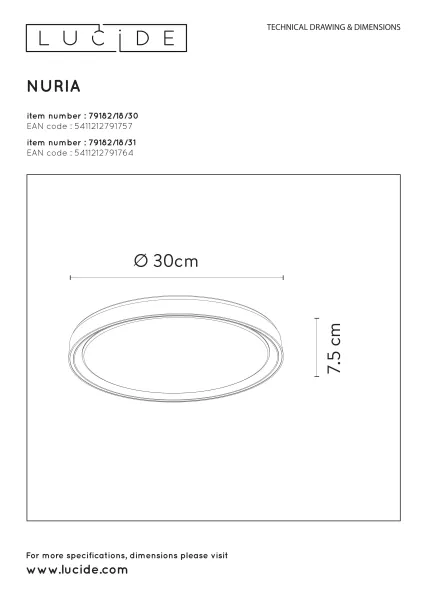 Потолочный светильник светодиодный диммируемый Lucide Nuria 79182/18/30 - фото схема