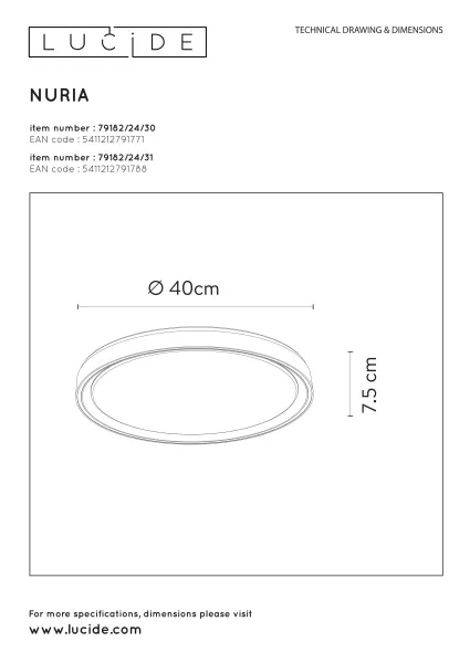 Потолочный светильник светодиодный диммируемый Lucide Nuria 79182/24/30 - фото схема
